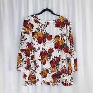 Floral Blouse XL Time & Tru Bell Sleeve Ruffle Cottagecore Top Blouse 16/18